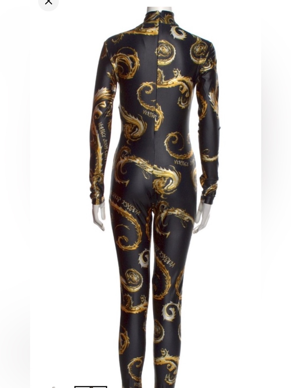 Versace Black Jumpsuit with Gold Baroque Swirl Print. Similar style to stock pic